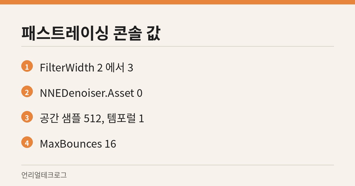 본문에 나온 패스트레이싱 콘솔 변수와 샘플 수치