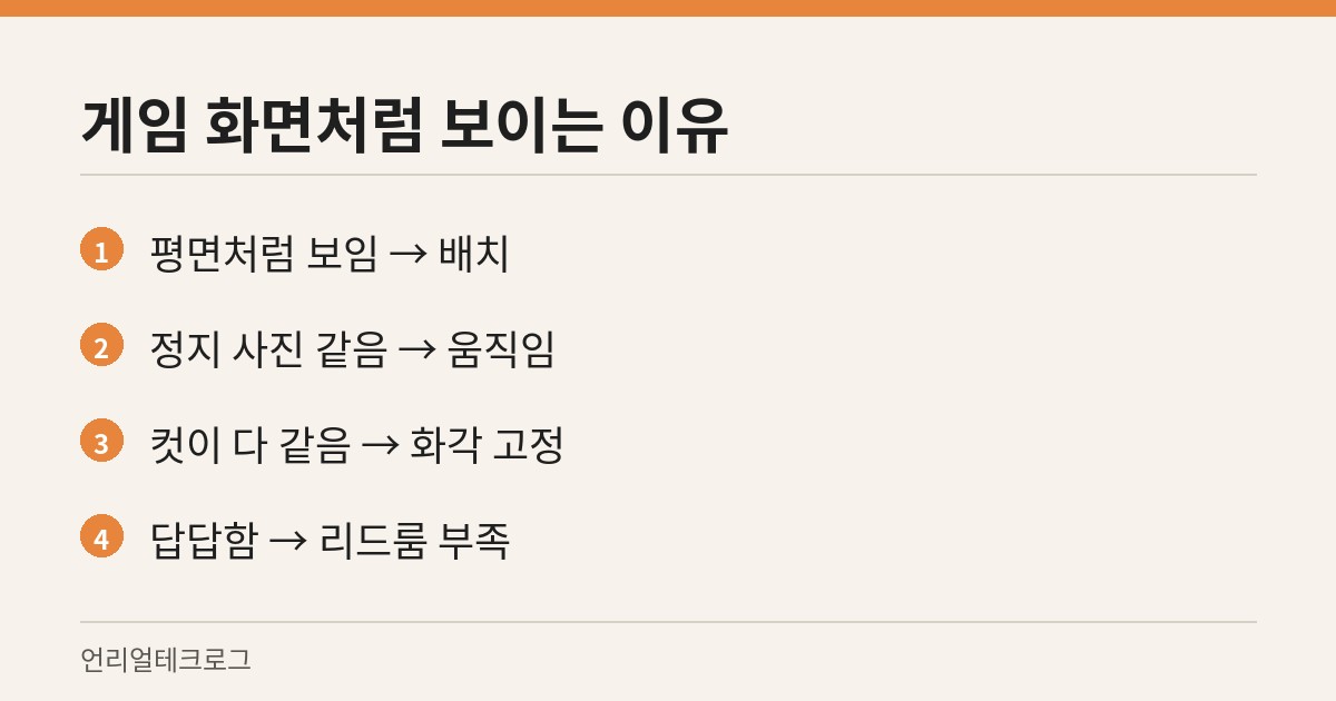 결과물이 게임 화면처럼 보일 때의 원인을 나눈 카드