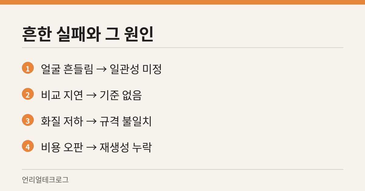 AI 영상 도구 도입에서 자주 나오는 실패와 원인을 짝지은 카드